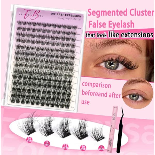 Veyesbeauty Manga Lash Clusters Dramatic Look Dynamic Volume Invisible Band Durable & Reusable 140 Clusters 8-16mm