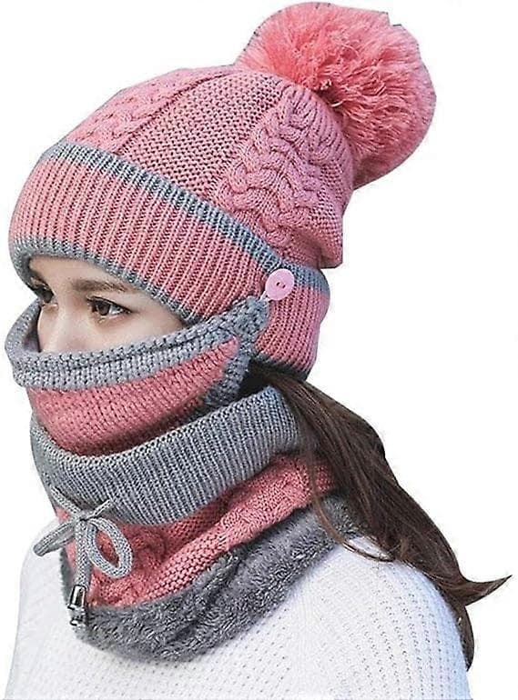 3 stk/sett Mote Kvinner Vinter Strikket Lue Tykk Ullhette med Varm Maske og Hals Skjerf