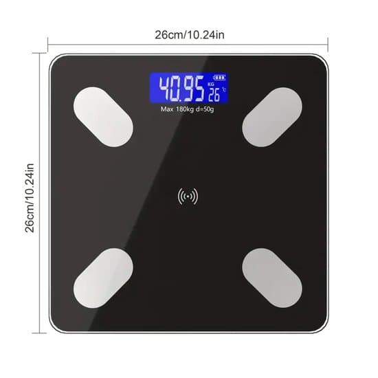 Electronic Personal Scale - Multifunctional with Temperature Gauge - Max 180 kg - Rechargeable - 4 High-Precision Sensors - Tempered Glass - Black