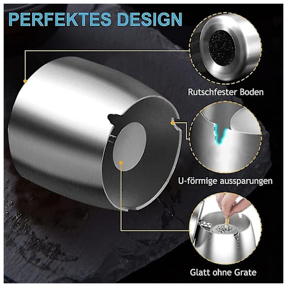 Stainless Steel Ashtray with Lid, Windproof Outdoor Ashtray with Non-Slip Bottom, Silver, Medium Size
