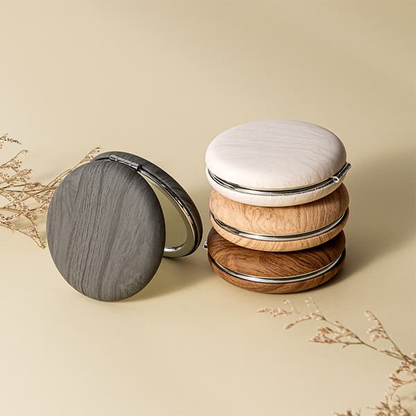 Portable Makeup Mirror with Wood-Grain PU Surface and Double-Sided High-Definition Mirror, Superior Quality