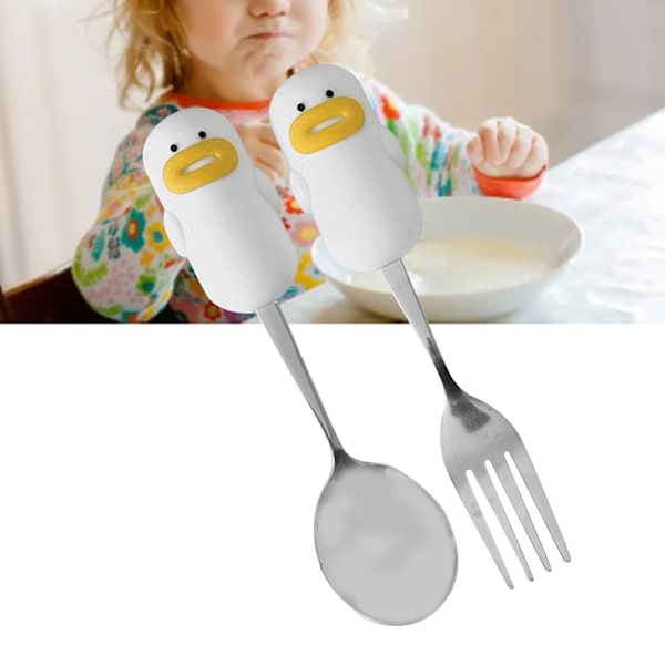 Sött Sked- och Gaffelset Rostfritt Stål Tecknad Design Multifunktionell Metallsked och Gaffel för Bebisar Pojkar Flickor Gul