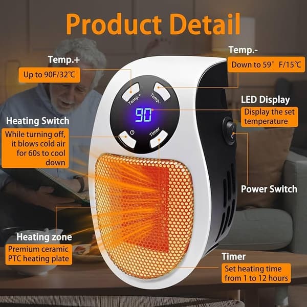 Mini Electric Plug-in Heater, Wall-Mounted Heater with Remote Control and LED Display, Suitable for Home and Office.