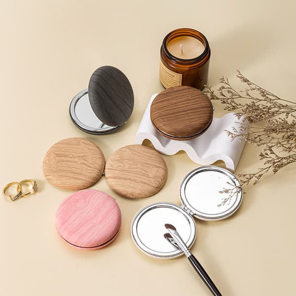 Portable Makeup Mirror with Wood-Grain PU Surface and Double-Sided High-Definition Mirror, Superior Quality