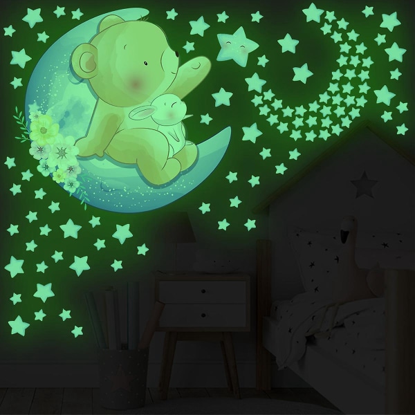 Tegnefilm Bear Moon Star Glow Wall Sticker til indretning til børneværelset