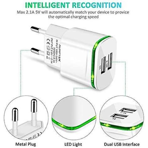 Dobbelt USB-vægoplader med LED-indikator, 2-Pack 2.1A 5V 2-Port Universal Power Adapter til iPhone