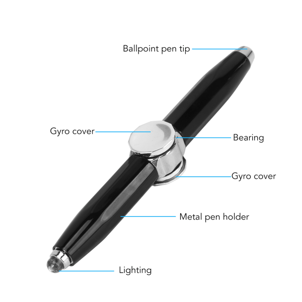 Fingerspiss lysende gyro kulepenn Fingerspinnende skrivepenn med LED-lys for å frigjøre stress Svart black