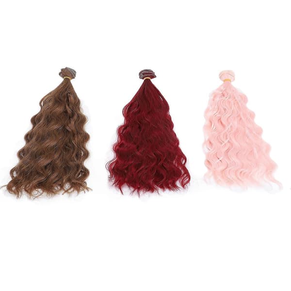 3-pack dockperuker, vattenvågiga lockar, enkel styling, dockhår 30 cm, ljusbrun, vinröd, räkrosa