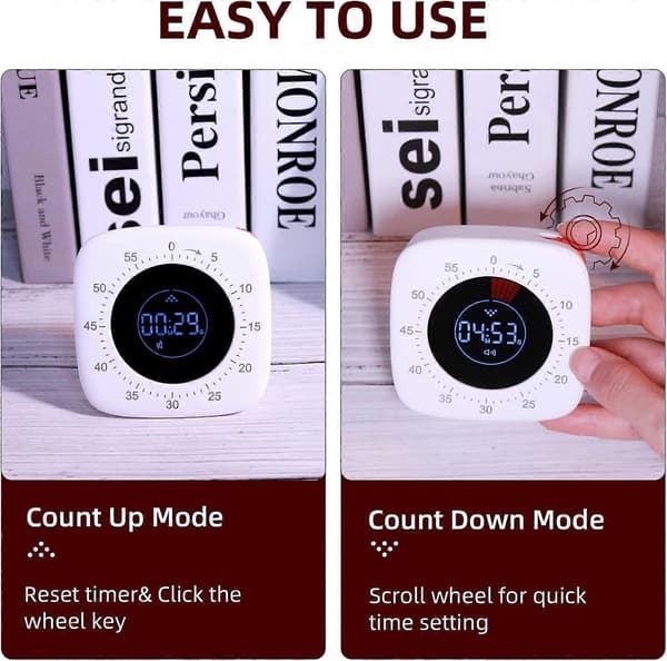 Visuell timer for barn, Pomodoro-teknikk, digital nedtelling, lydløs, oppladbar, med LED-lys