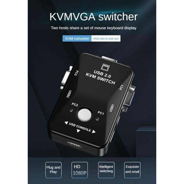 2-ports VGA KVM-switch, USB KVM-switch til 2 computere, delt skærm, tastatur, mus, printer og USB-enheder