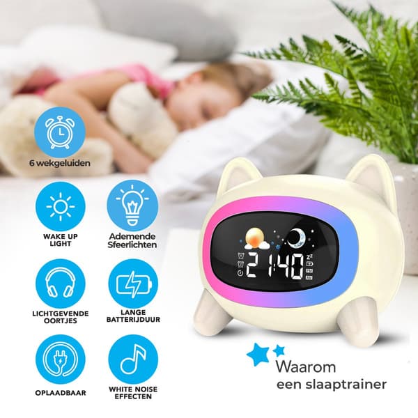 Søvntræner - Vågn-op-lampe - Højttaleradio - Hvid støjmaskine - Bluetooth - Børnevækkeur - Natlampe