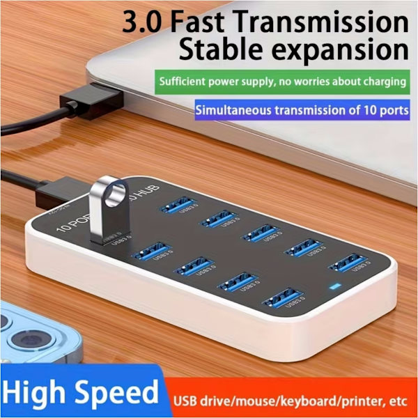 10-portars USB 3.0-hub, universell USB 3.0-expansionsadapter för bärbara datorer. USB-hubben stöder 5 Gbps höghastighetsdataöverföring