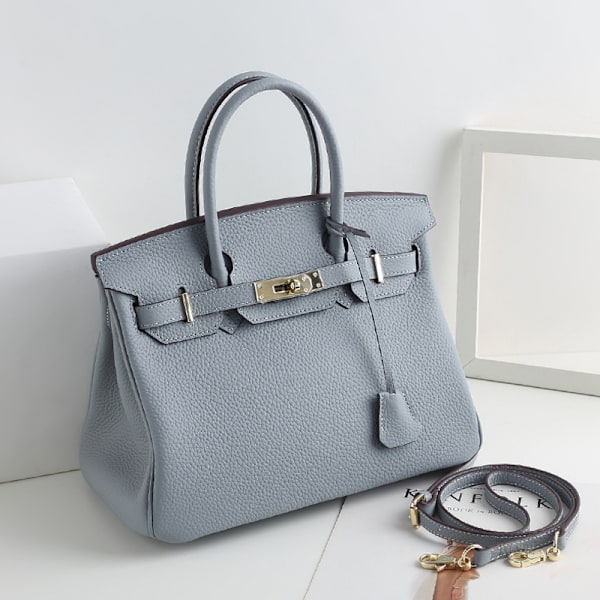 Premium Toteväska i Ko-Läder för Kvinnor, Crossbody Handväska, Linblå Linen blue 25CM