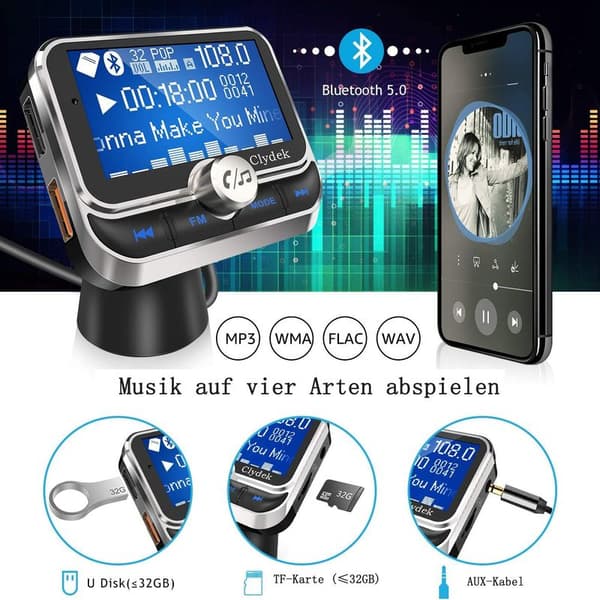 FM-lähetin autoon, Bluetooth 4.1 langaton autolaturi QC3.0 & 5V /