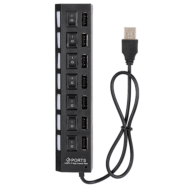 7-Port Hub USB Docking Station Sort 480mbps med Switch til Overbelastningsstrømsbeskyttelse 7 Porte Sort