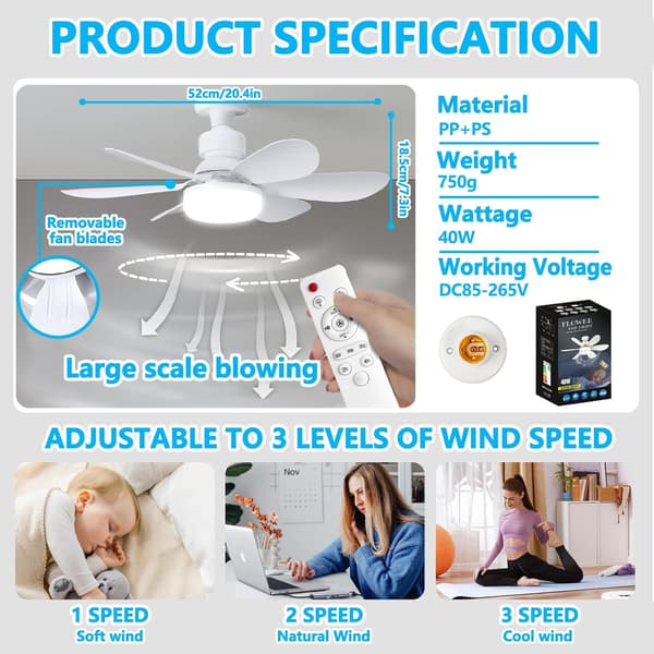 Ceiling fan with light and remote control, dimmable LED ceiling fan with 40W E27 integrated lamp, 6 blades, 3 speeds, quiet, for living room