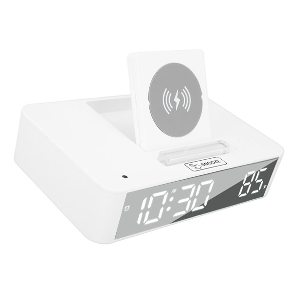 10W Digital Vækkeur Én Knap Løftende LED Spejl Elektronisk Ur med 10W Trådløs Opladning til Soveværelse Kontor Hjem EN001 Hvid