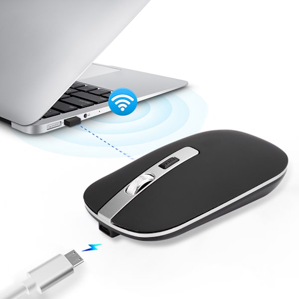 2.4G Trådløs Mus Ergonomisk 1600 DPI Høy Oppløsning USB Lading Datatilbehør Svart
