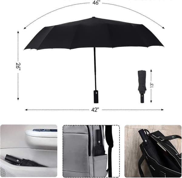 Umbrella Windproof Travel Compact, 12 Ribs Strong Folding Automatic Large Rain Umbrella with Teflon Coating, Wind Resistant with Leather Case