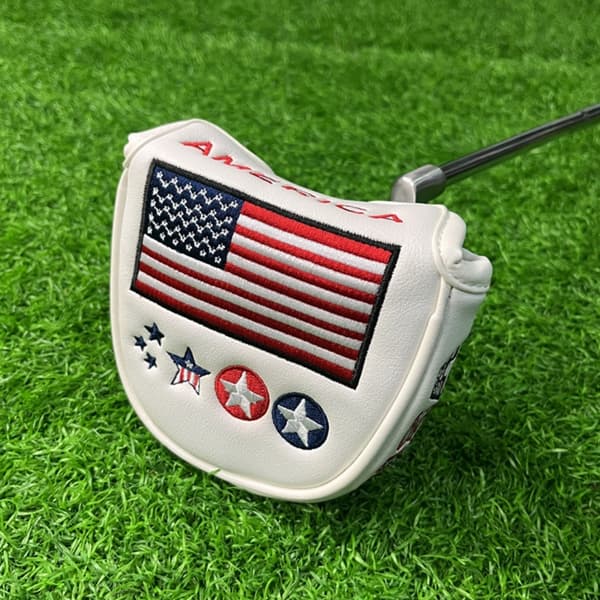 Golf putter hodebeskyttelse, hammer putter hodebeskyttelse, syntetisk lær blade putter beskyttelse, magnetisk lukking, hvit.