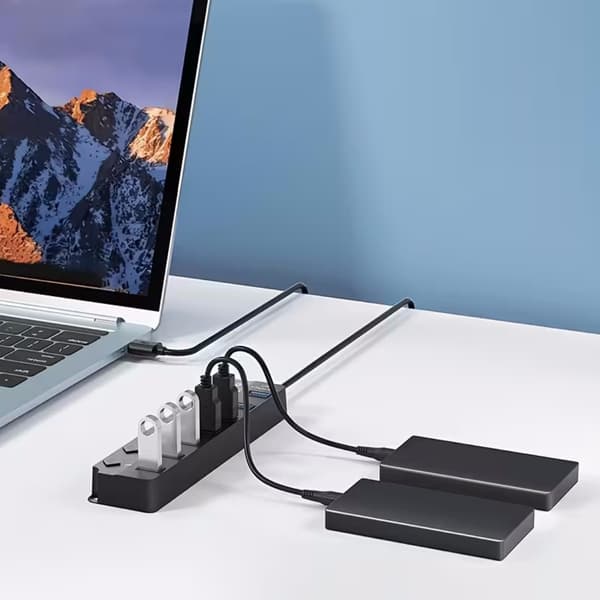 USB 3.0-hubb med 7 portar och LED-strömbrytare samt förlängningskabel för MacBook, Mac Pro, Mac Mini, iMac, Surface Pro, XPS, PC