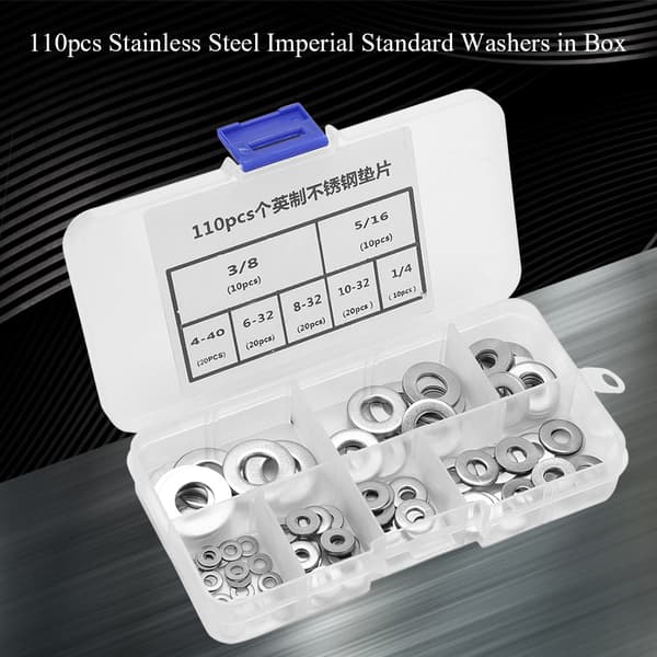 110 stk. Imperial Standard Rustfritt Stål Flat Skive Vanlige Skiver Sortimentsett med Boks