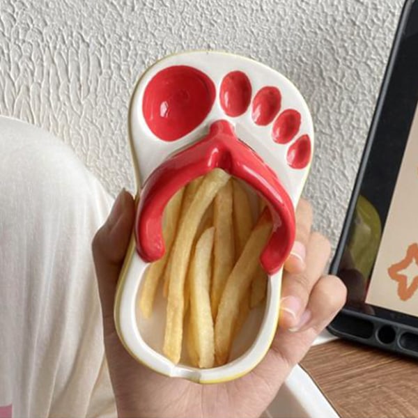 Keramisk pommes frites-fat, søte flip-flops, pommes frites-tallerken, søt keramisk bolle, flip-flops-formet snack-chips, soyasaus-serveringsfat, bolle, tallerken, rød