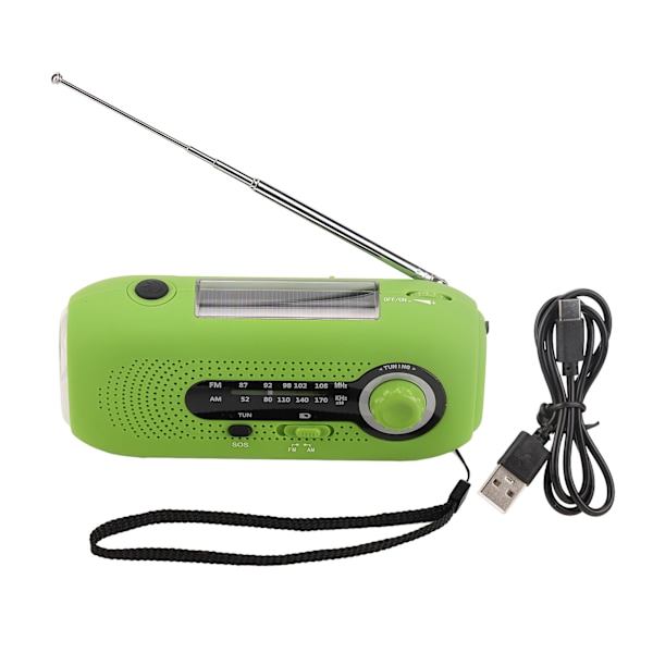 Nödradiotyp C Portabel IPX3 Vattentät Handvev Solradio med 5 lysdioder Ficklampa för Utomhuscamping Grön