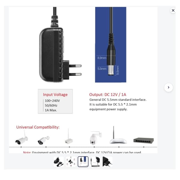 12V 1A DC strömadapter, lämplig för IP/CCTV-säkerhetskameror, Ingång: AC 100V-240V/50 eller 60Hz/0.4A