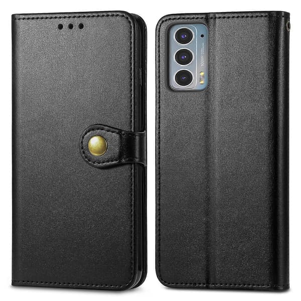 Motorola Edge 20 Enfärgat Äkta Läderfodral med Spänne Black