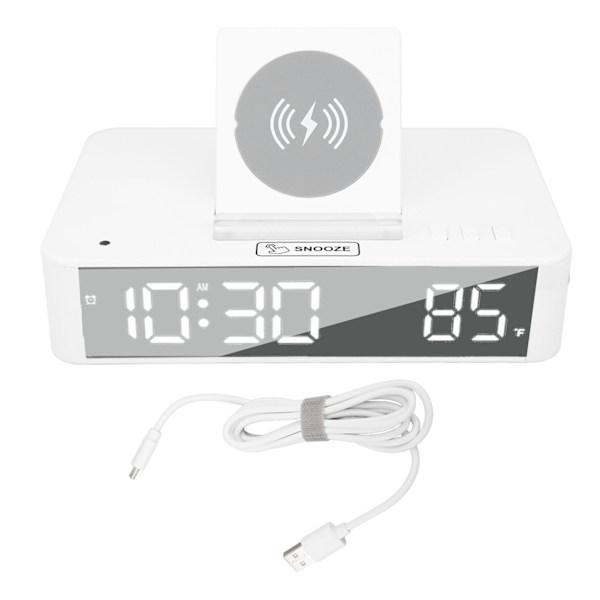 10W Digital Vækkeur Én Knap Løftende LED Spejl Elektronisk Ur med 10W Trådløs Opladning til Soveværelse Kontor Hjem EN001 Hvid