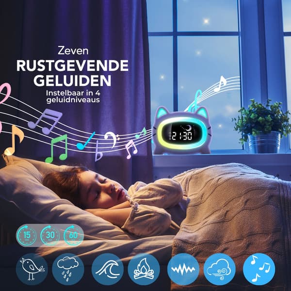 Søvntræner - Vågn-op-lampe - Højttaleradio - Hvid støjmaskine - Bluetooth - Børnevækkeur - Natlampe