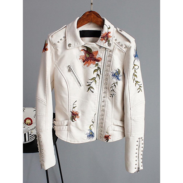 Soft Leather Floral Print Embroidery Women's Motorcycle Jacket Black Punk Zipper Rivet Coat