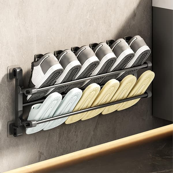 Wall-mounted shoe rack, perfect for bathrooms, entrances and tight spaces. Space-saving and easy to install.