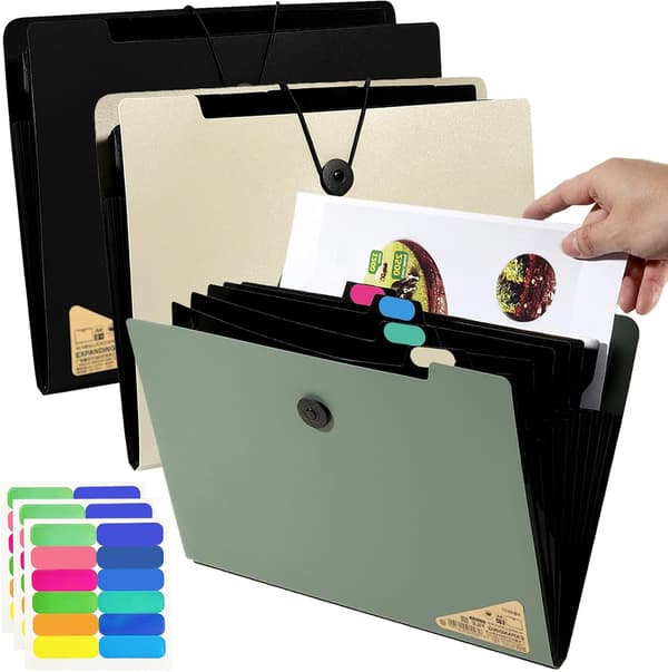 A4 Expanding Document Folder, 3-pack File Organizer, 5 Compartment Document Organizer, Portable Filing Folders for Paperwork