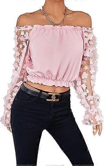 Dame Off Shoulder Blomstret Mesh Langærmet Flæsekant Crop Bluse Top