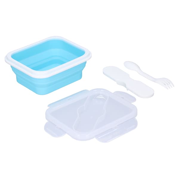 Silicone Insulation Box Portable Lunch Box with Integrated Fork Spoon for Office School Water Blue 600ML 0.3