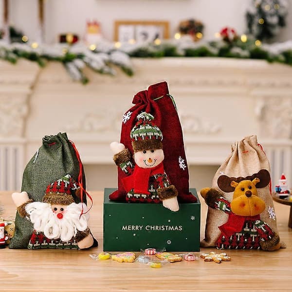 Julväskor med dragsko, 3D julklappspåsar, julinslagningspåsar, julgodispåsar, röda godispåsar (3-pack)