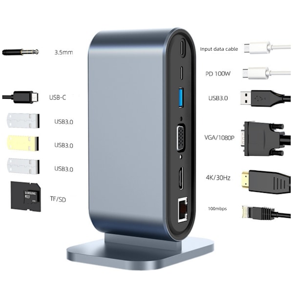 12-i-1 USB-C Hub Dockingstasjon, USB 3.0 Hub, USB Hub