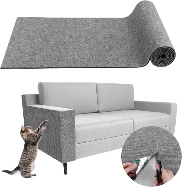 DIY klorematte for katter, klippbar klorestolpematte, 200 cm x 40 cm, selvklebende teppematte (lysegrå).
