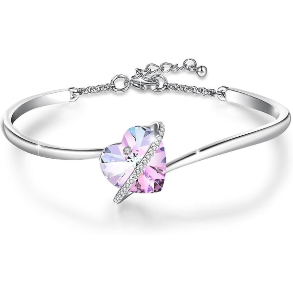 Justerbart sølvbelagt hjertearmbånd for kvinner med fiolett krystall, perfekt bursdagsgave til mamma og venner
