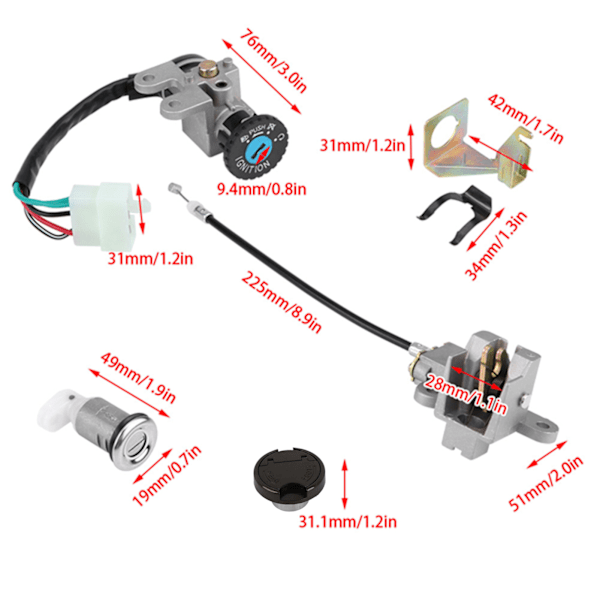 Sytytyskytkin, avaimen lukko ja bensatankin korkkisetti GY6 50cc Jonway Taotao Roketa skootterille/mopoille
