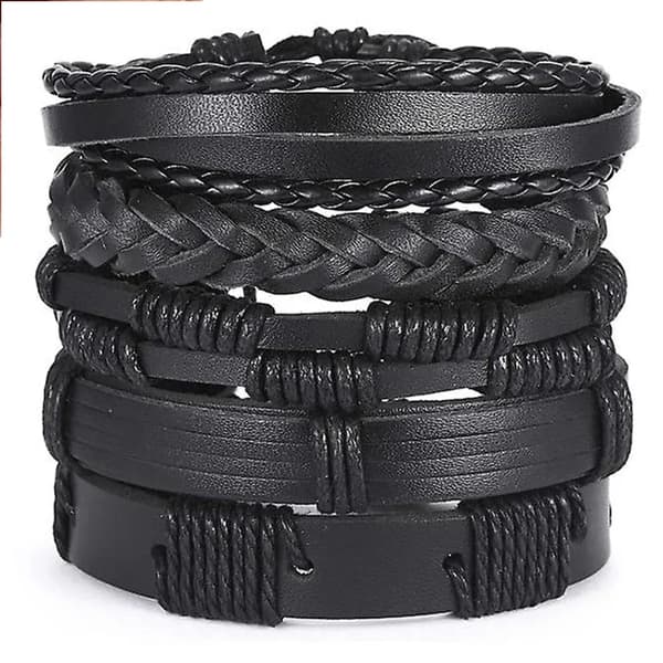 5-delt sæt håndlavede ægte læder armbånd til mænd, sort
