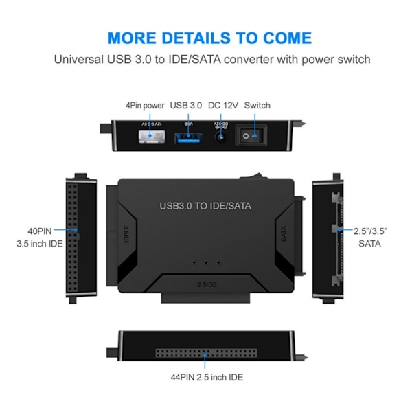 USB 3.0 til intern harddiskadapter til 2,5\"/3,5\" SATA HDD/SSD og IDE harddiske