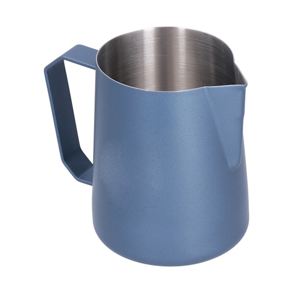 Lattekopp med spetsig pip 304 Rostfritt stål Tålig Mjölksumningskanna med Vinklat Handtag Blå 600ml (med Etikett)