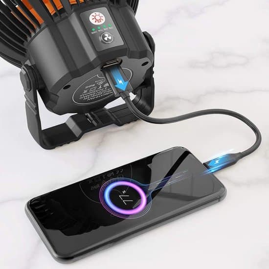 Campingventilator - USB-ventilator med hængefunktion - USB-genopladelig - med LED - lydsvag - til camping, telt, campingvogn, udendørs