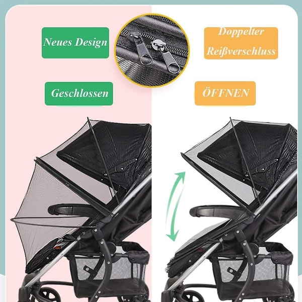 Sort vaskbar sammenfoldelig babyvogn Myggenet - Universal klapvogn Insektbeskyttelse til babyer