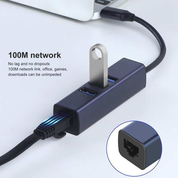 4 i 1 USB C Hub RJ45 Gigabit Ethernet Port 3 USB Porter USB C til Ethernet Adapter med Oppbevaringshull for Bærbare Datamaskiner Nettbrett