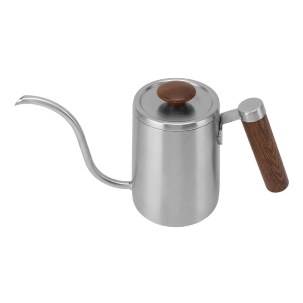 Pour Over -kahvipannu, 304 ruostumatonta terästä, hanhenkaula, kapea kaatonokka, kahvipannu puukahvalla, 600 ml, hiekkapuhallettu väri