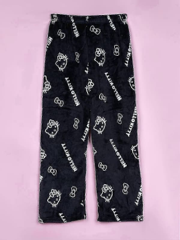 Hello Kitty Katte-tema Flannel Pyjamasbukser, Varme og Bløde Lange Stil til Efterår Vinter, Mænd og Kvinder Y1-H L 47-55KG